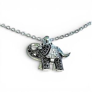 Silver Lucky Elephant (with Trunk Up) Pendant Necklace with Marcasite